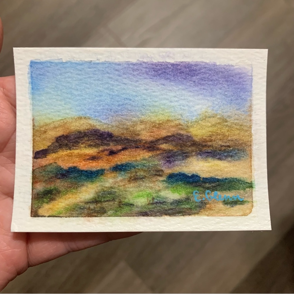 ACEO miniature Abstract Watercolor Landscape Painting -Blue, Green, Purple, Gold